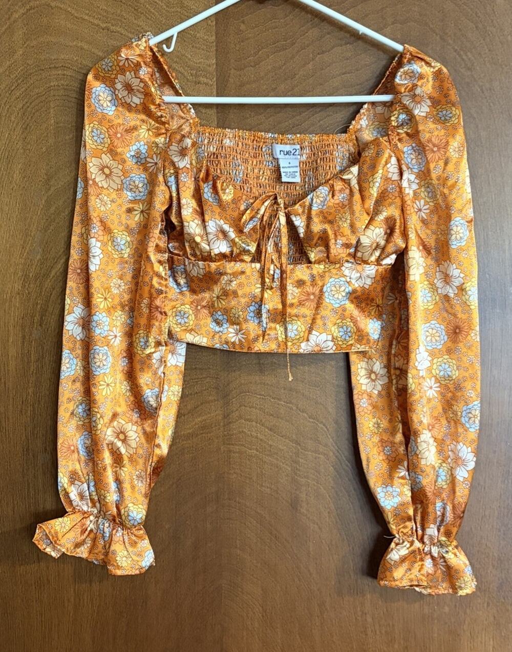 rue21 Floral Satin Crop Top Small Orange Boho Cottagecore Puff Sleeve Tie Front